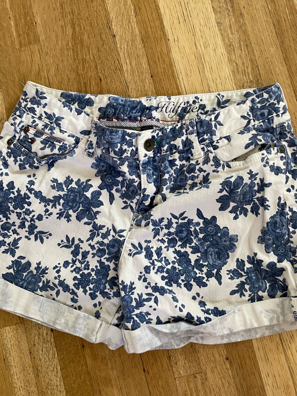 Tommy Hilfiger White Denim Shorts with Blue Floral Print
